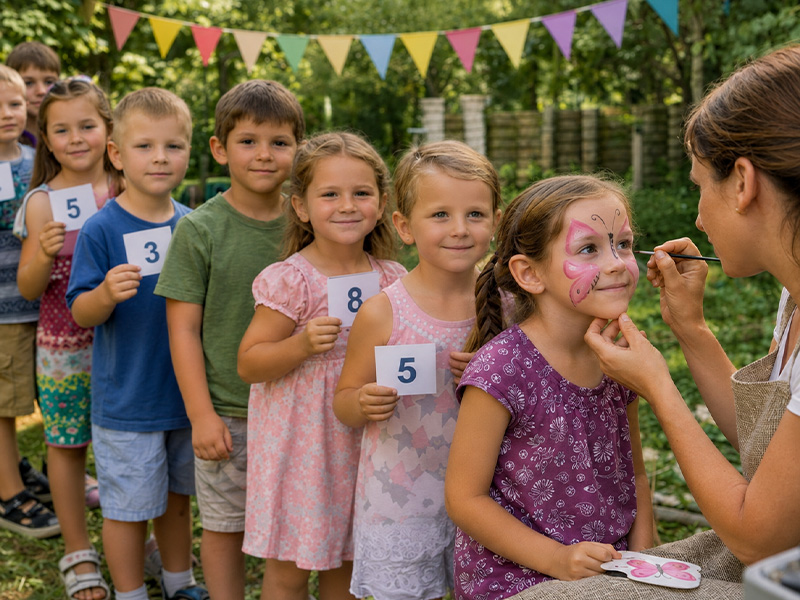 Arcfestés gyerekbulin – sorban álló gyerekek várakoznak, amíg mindenki sorra kerül