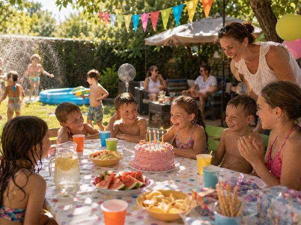 Kánikulás szülinapi buli díszített asztallal a kertben, gyerekekkel