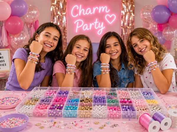 Charm party szülinap: gyerekek színes, charmokkal díszített karkötőket viselnek